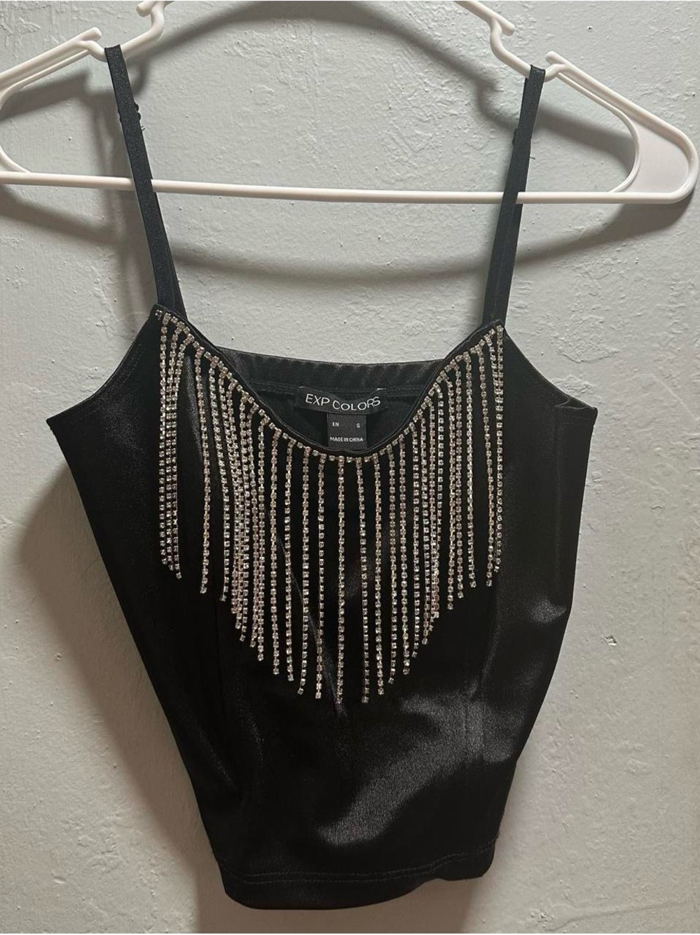 Black Rhinestone Fringe Satin Cami